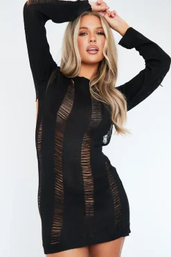 Rebellious Fashion Black Distressed Backless Knitted Mini Dress - Belva