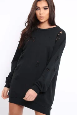 Rebellious Fashion Black Distressed Detail Sweatshirt Jumper Dress - Ivy