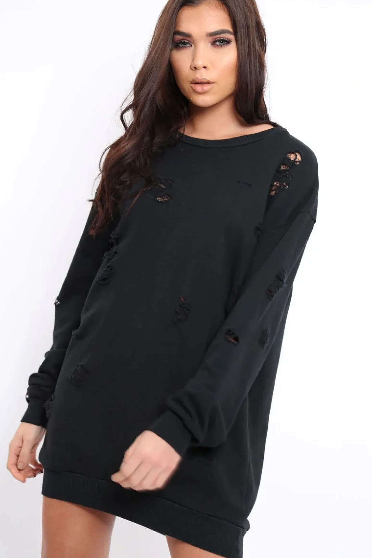 Rebellious Fashion Black Distressed Detail Sweatshirt Jumper Dress - Ivy