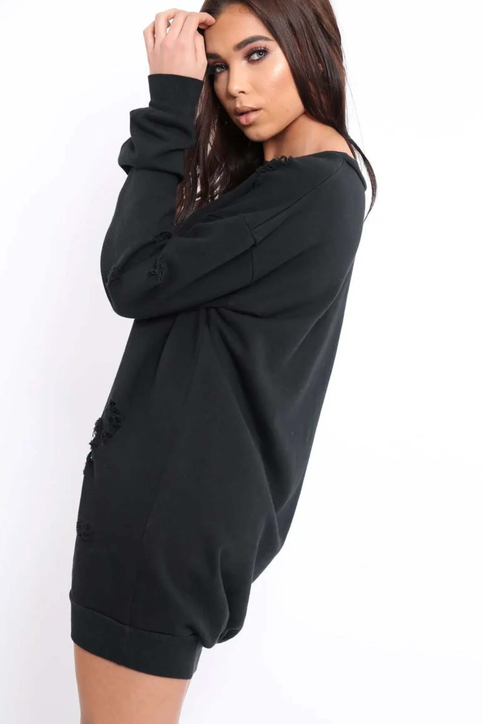 Rebellious Fashion Black Distressed Detail Sweatshirt Jumper Dress - Ivy