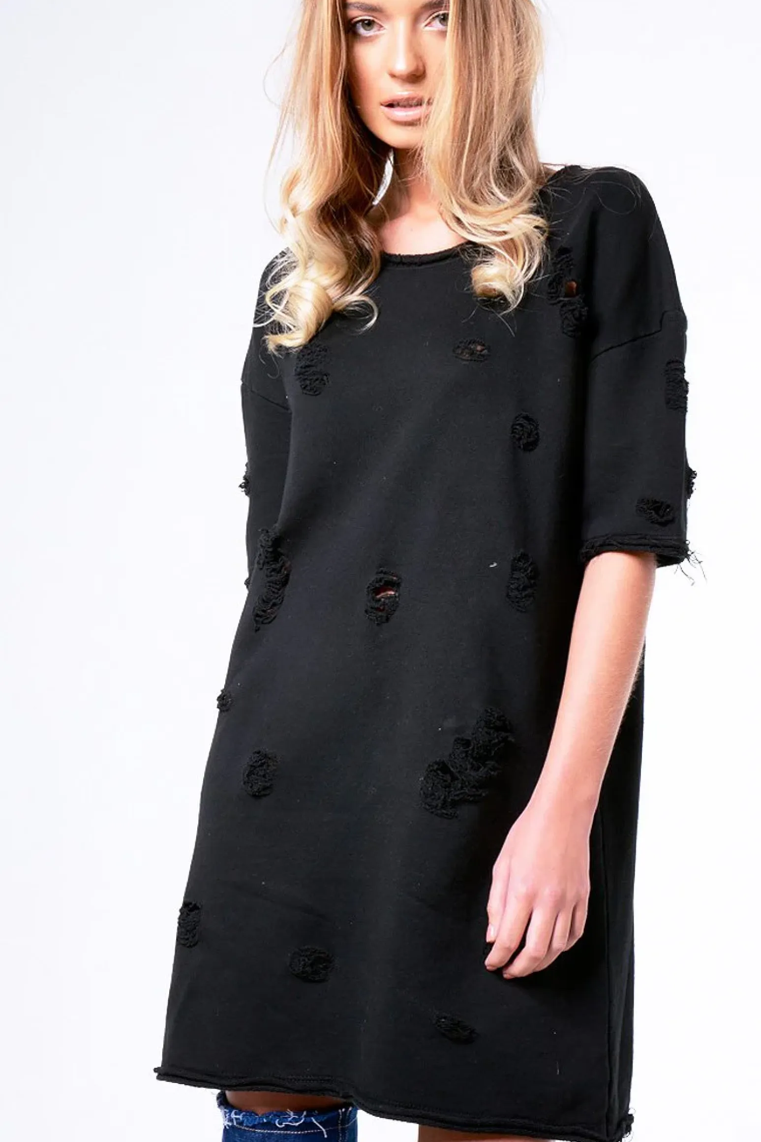 Rebellious Fashion Black Distressed Detail Short Sleeved Jumper Dress - Cammie