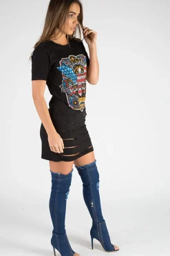 Rebellious Fashion Black Distressed Detail Vintage Design T Shirt Dress - Maisie