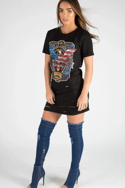 Rebellious Fashion Black Distressed Detail Vintage Design T Shirt Dress - Maisie