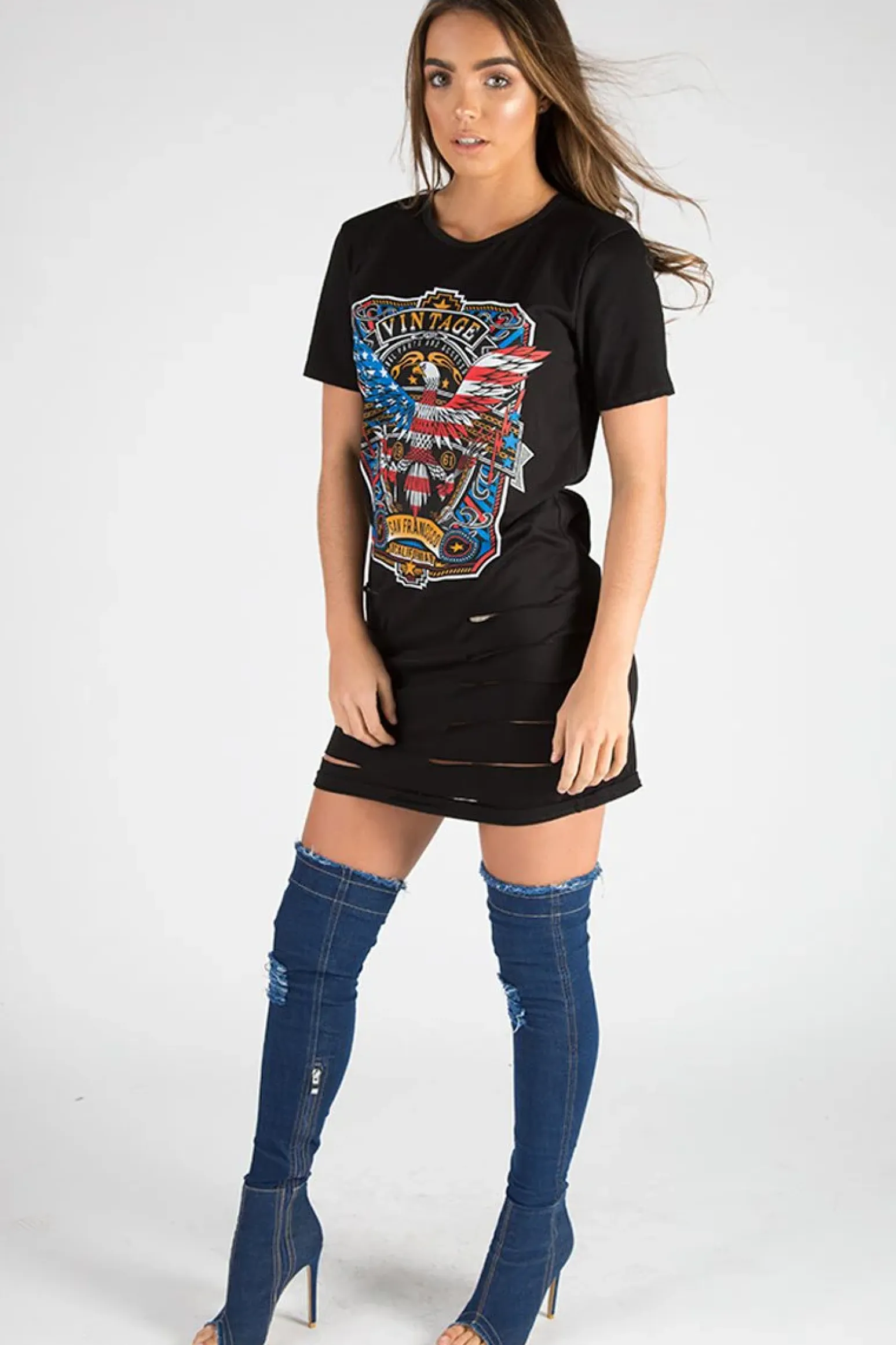 Rebellious Fashion Black Distressed Detail Vintage Design T Shirt Dress - Maisie