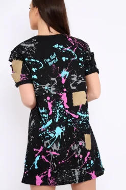 Rebellious Fashion Black Distressed Paint Splatter T-Shirt Dress - Masa