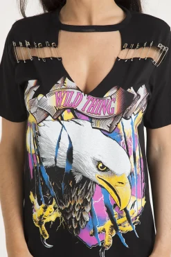 Rebellious Fashion Black Eagle Print Cut Out Pin T-Shirt Dress - Thea