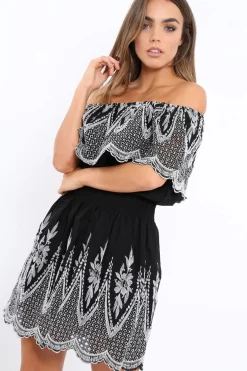 Rebellious Fashion Black Embroidered Bardot Dress - Lottie