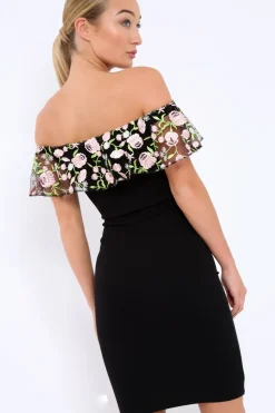 Rebellious Fashion Black Embroidered Bardot Bodycon Dress - Jaxie