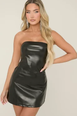 Rebellious Fashion Black Faux Leather Bandeau A Line Dress - Lucille