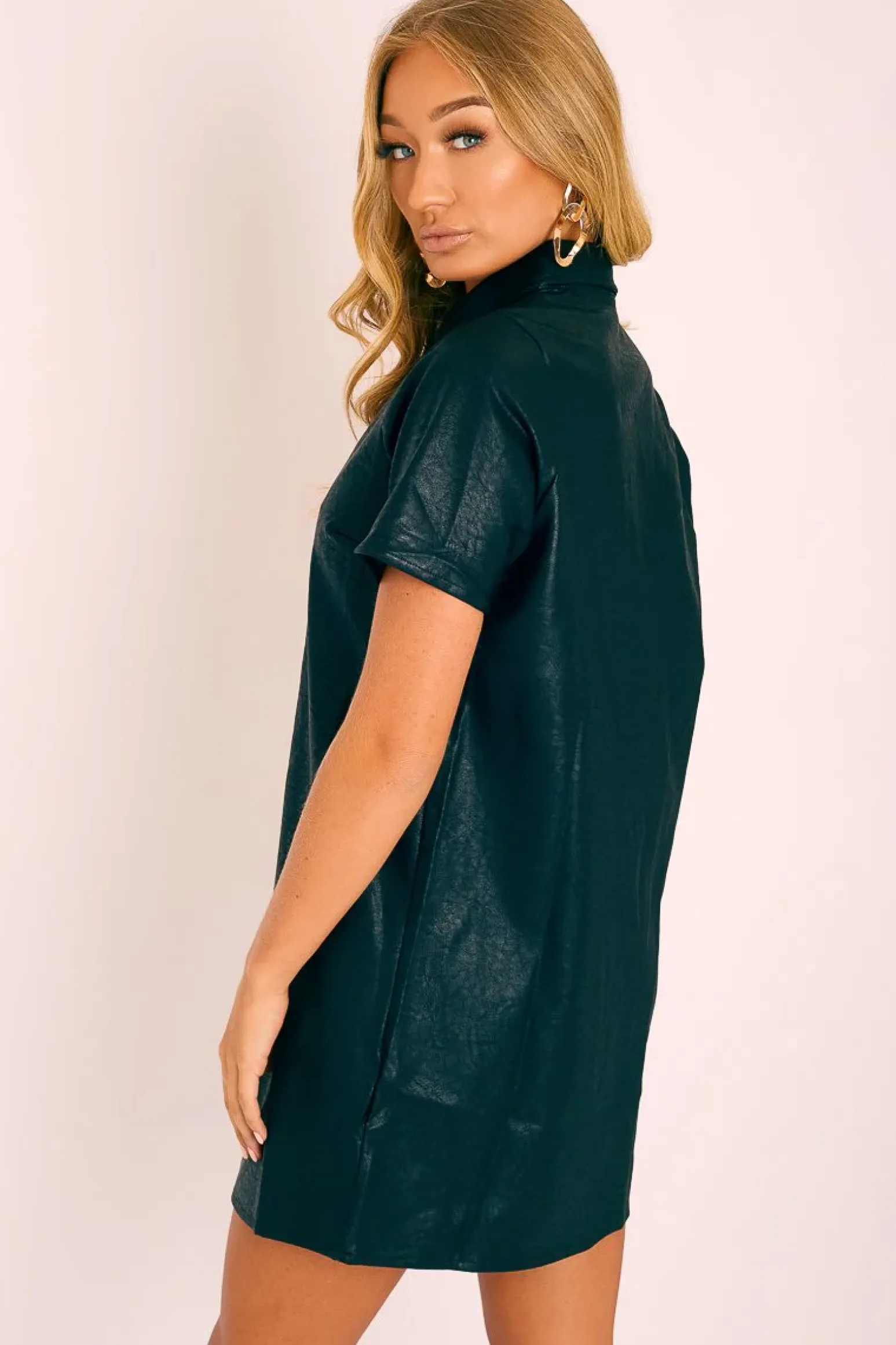 Rebellious Fashion Black Faux Leather Button Up Shirt Dress - Alba