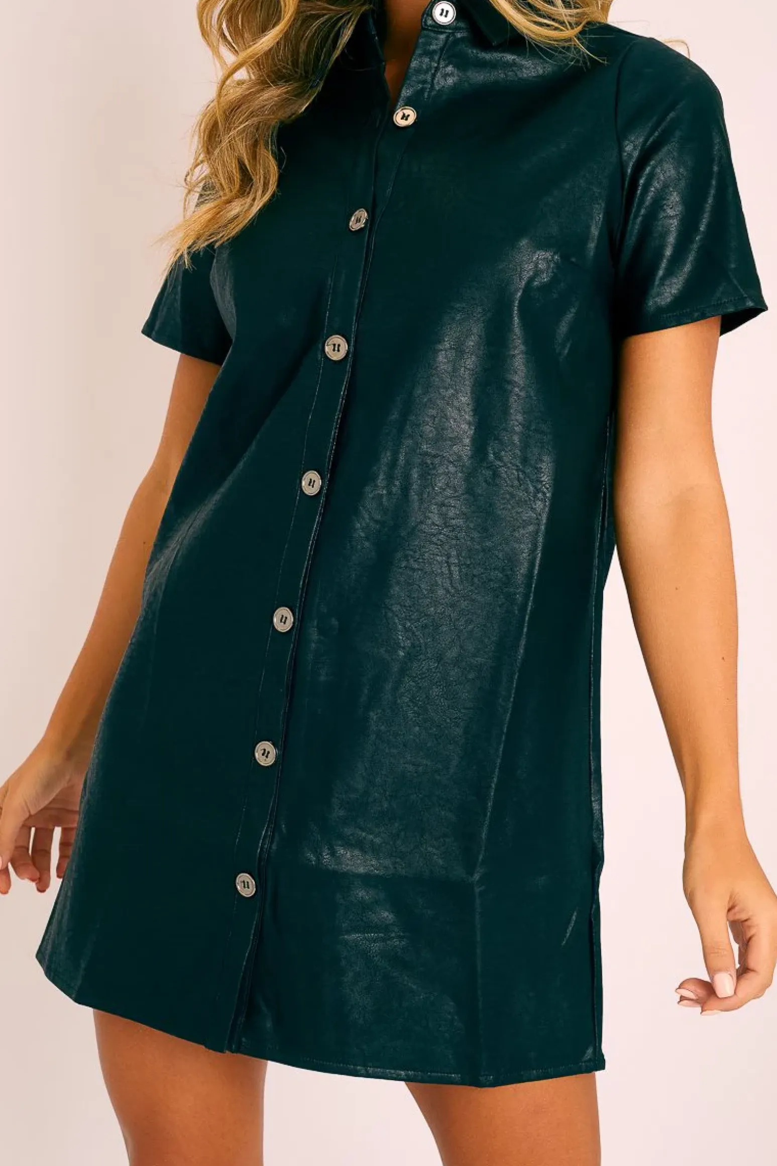 Rebellious Fashion Black Faux Leather Button Up Shirt Dress - Alba