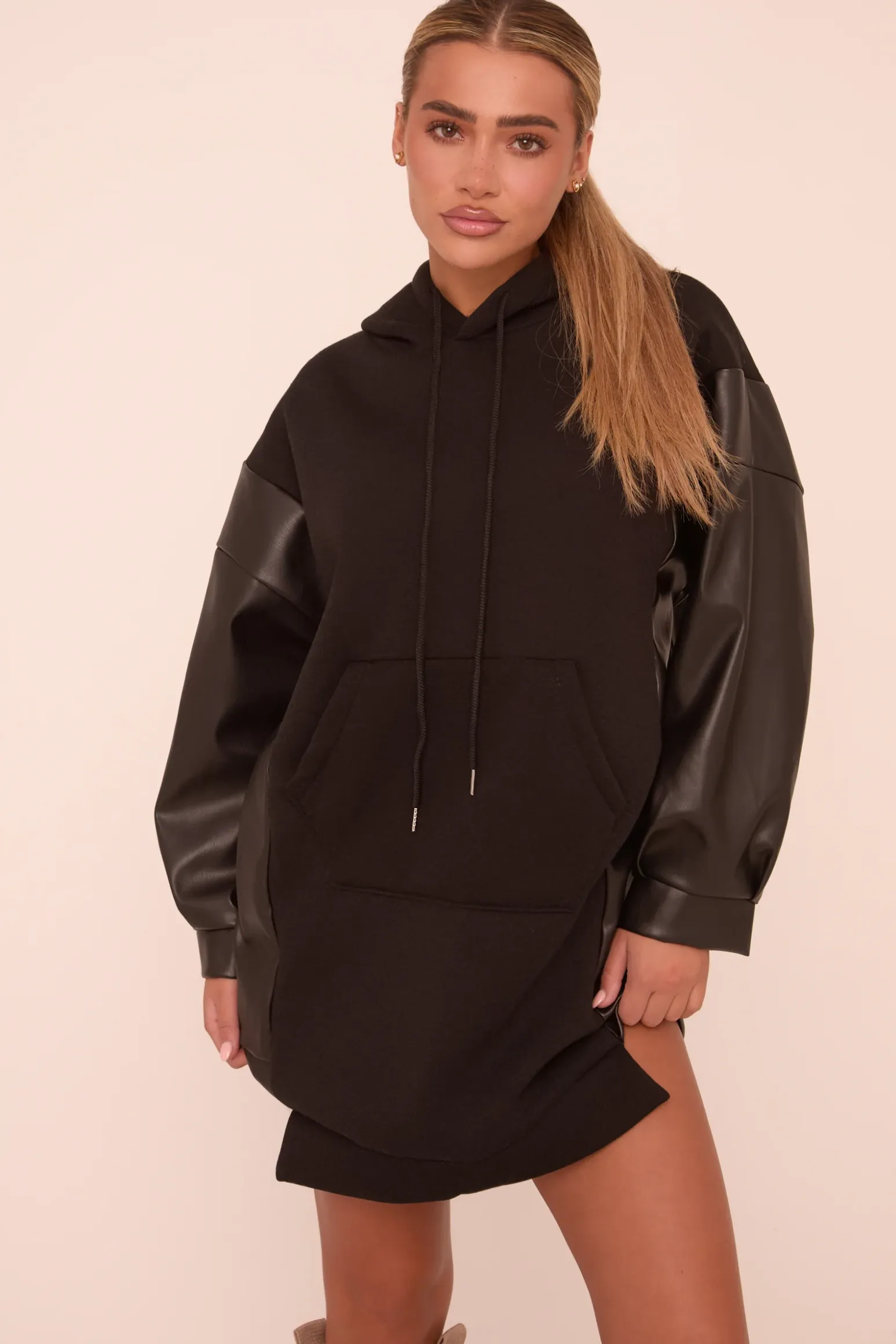 Rebellious Fashion Black Faux Leather Long Sleeves Hooded Jumper Dress - Kary