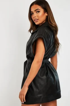 Rebellious Fashion Black Faux Leather Plunge Belted Dress - Jaice