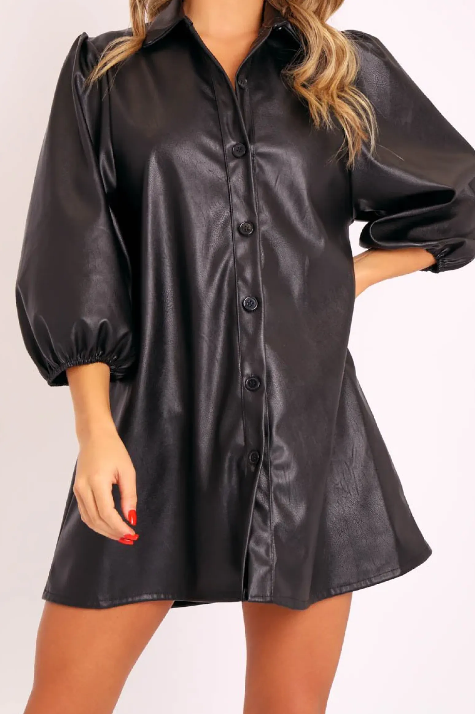 Rebellious Fashion Black Faux Leather Puff Sleeve Shirt Dress - Fizza