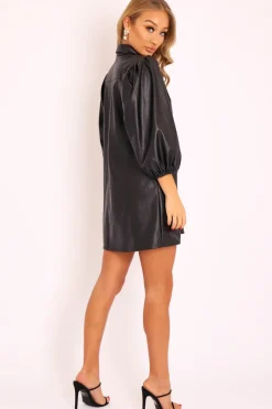 Rebellious Fashion Black Faux Leather Puff Sleeve Shirt Dress - Fizza