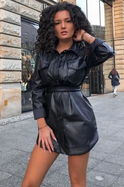 Rebellious Fashion Black Faux Leather Utility Shirt Dress - Hailey