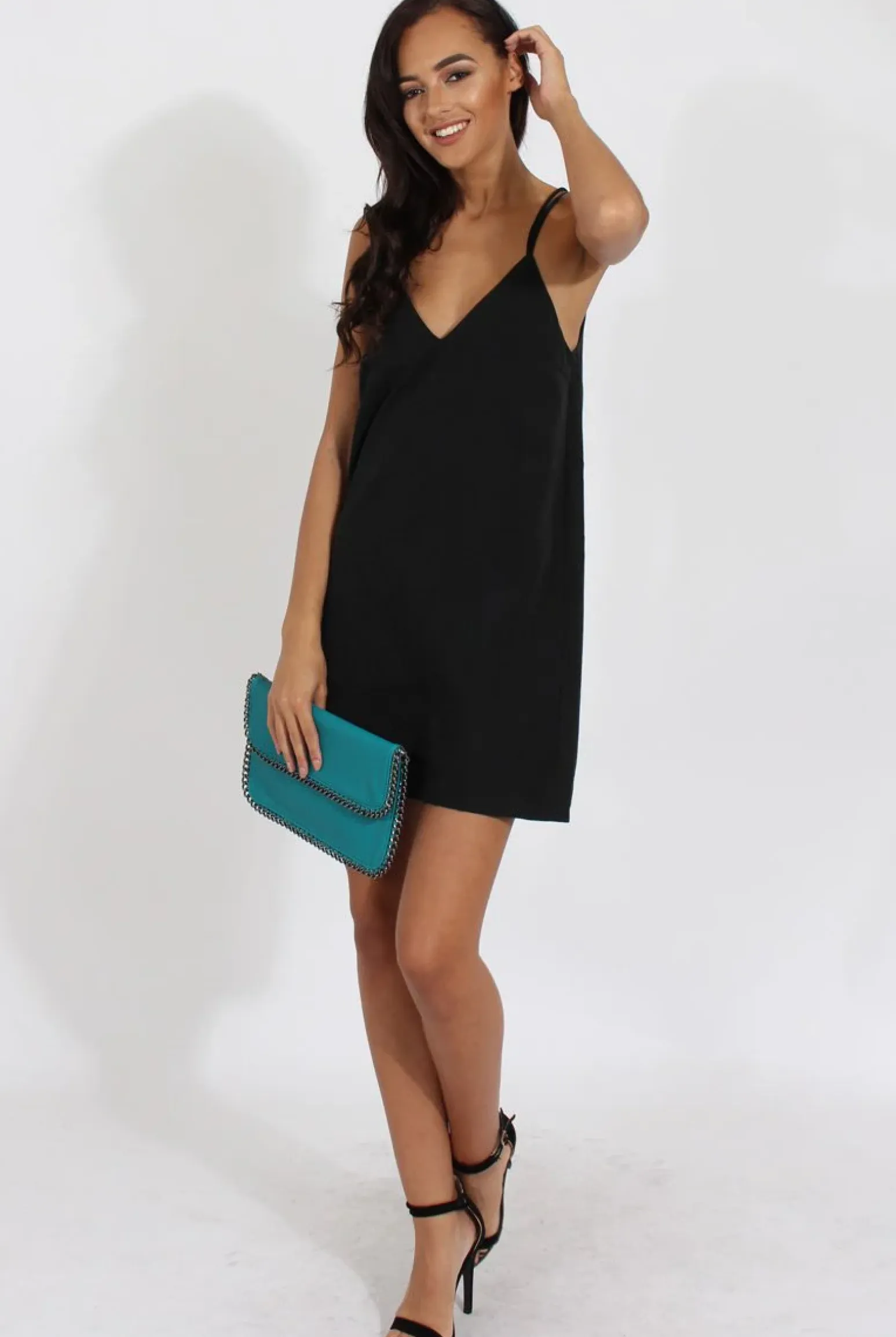 Rebellious Fashion Black Faux Suede Strappy Back Slip Dress - Sylvie