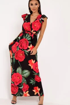 Rebellious Fashion Black Floral Frill Sleeve Maxi Dress - Persia