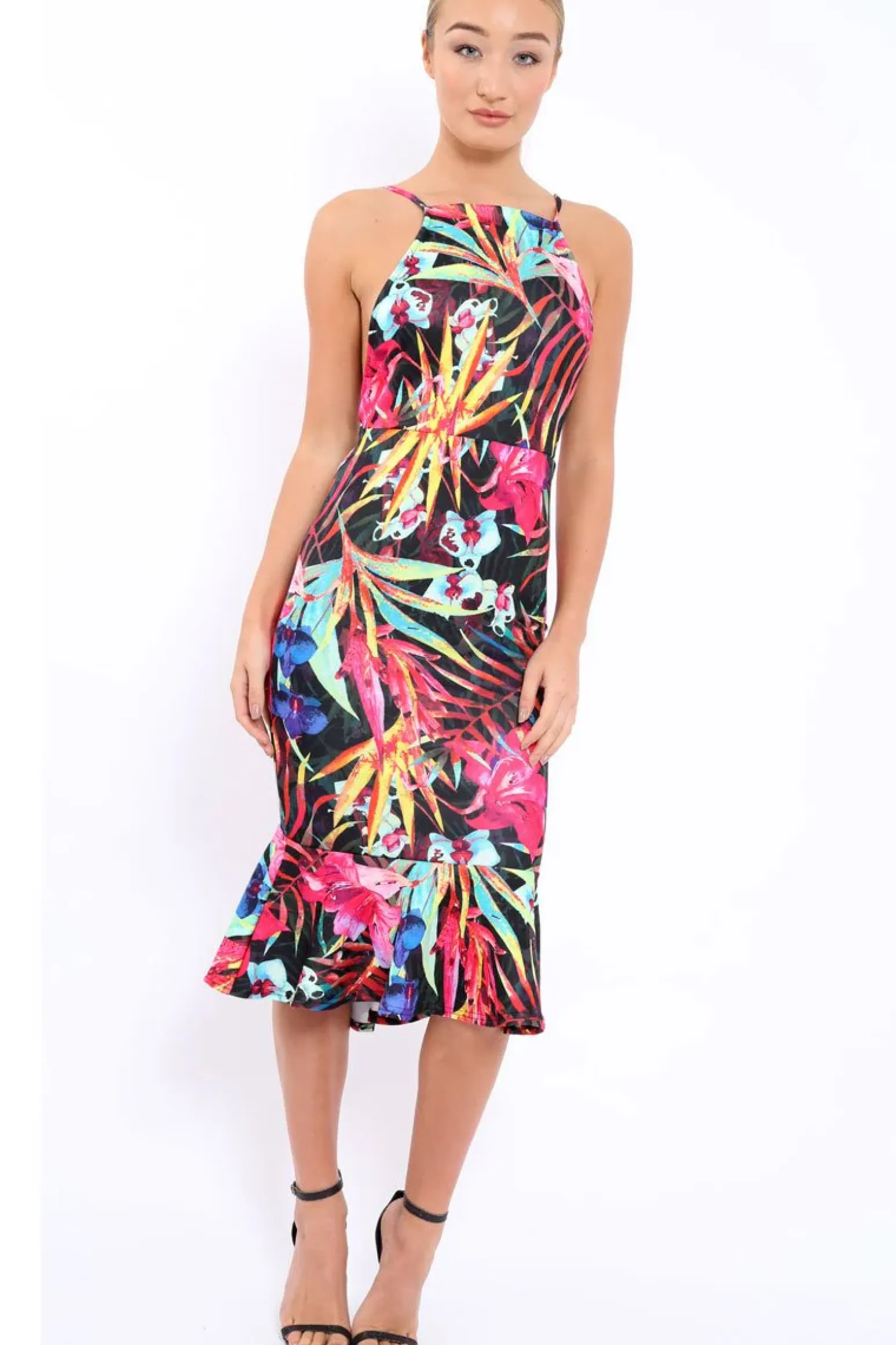Rebellious Fashion Black Floral Midi Dress with Frill Detail - Kyrstin