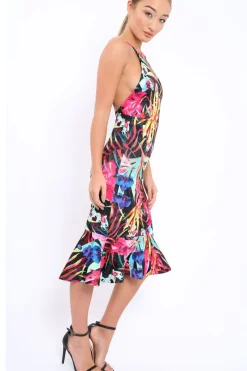 Rebellious Fashion Black Floral Midi Dress with Frill Detail - Kyrstin