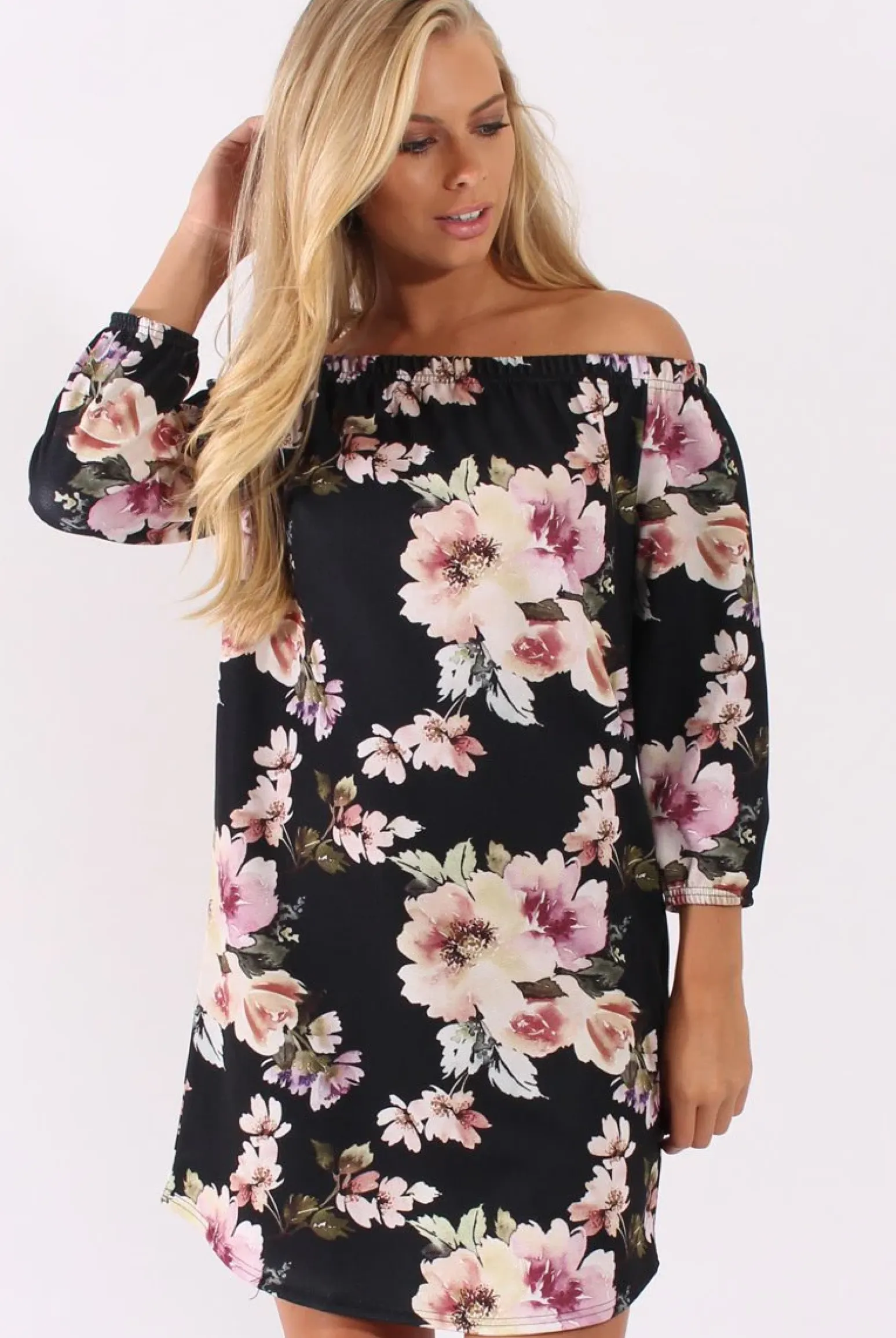 Rebellious Fashion Black Floral Print Bardot Dress - Cammi
