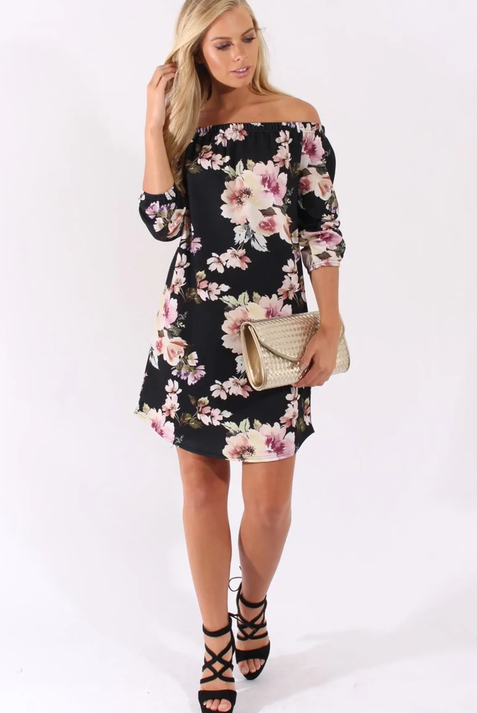 Rebellious Fashion Black Floral Print Bardot Dress - Cammi