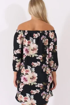 Rebellious Fashion Black Floral Print Bardot Dress - Cammi