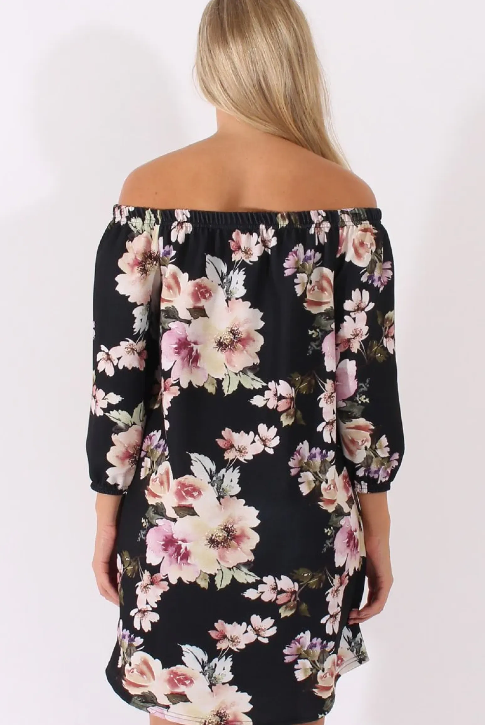 Rebellious Fashion Black Floral Print Bardot Dress - Cammi