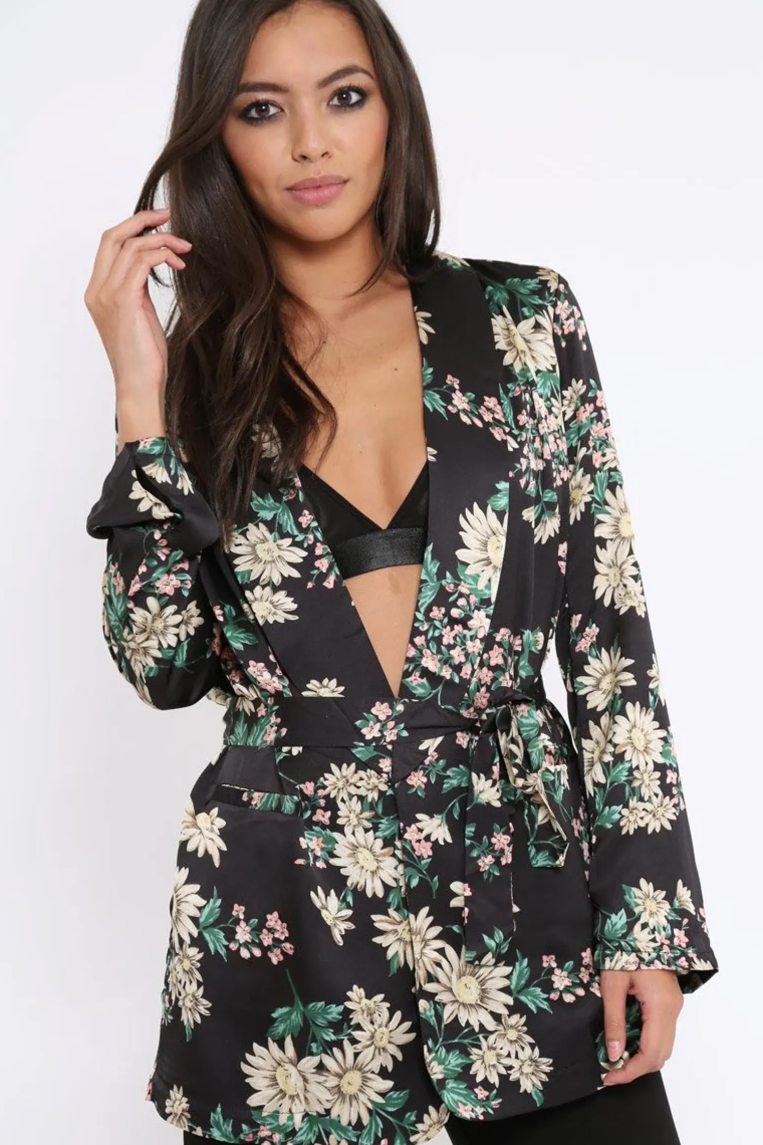 Rebellious Fashion Black Floral Satin Blazer Dress - Erica