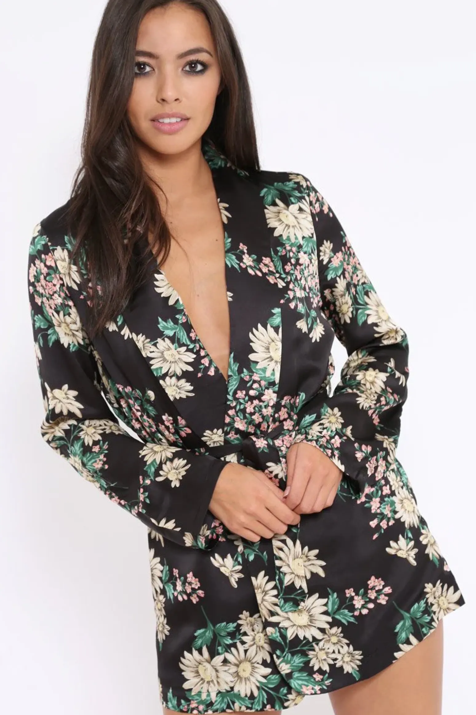 Rebellious Fashion Black Floral Satin Blazer Dress - Erica