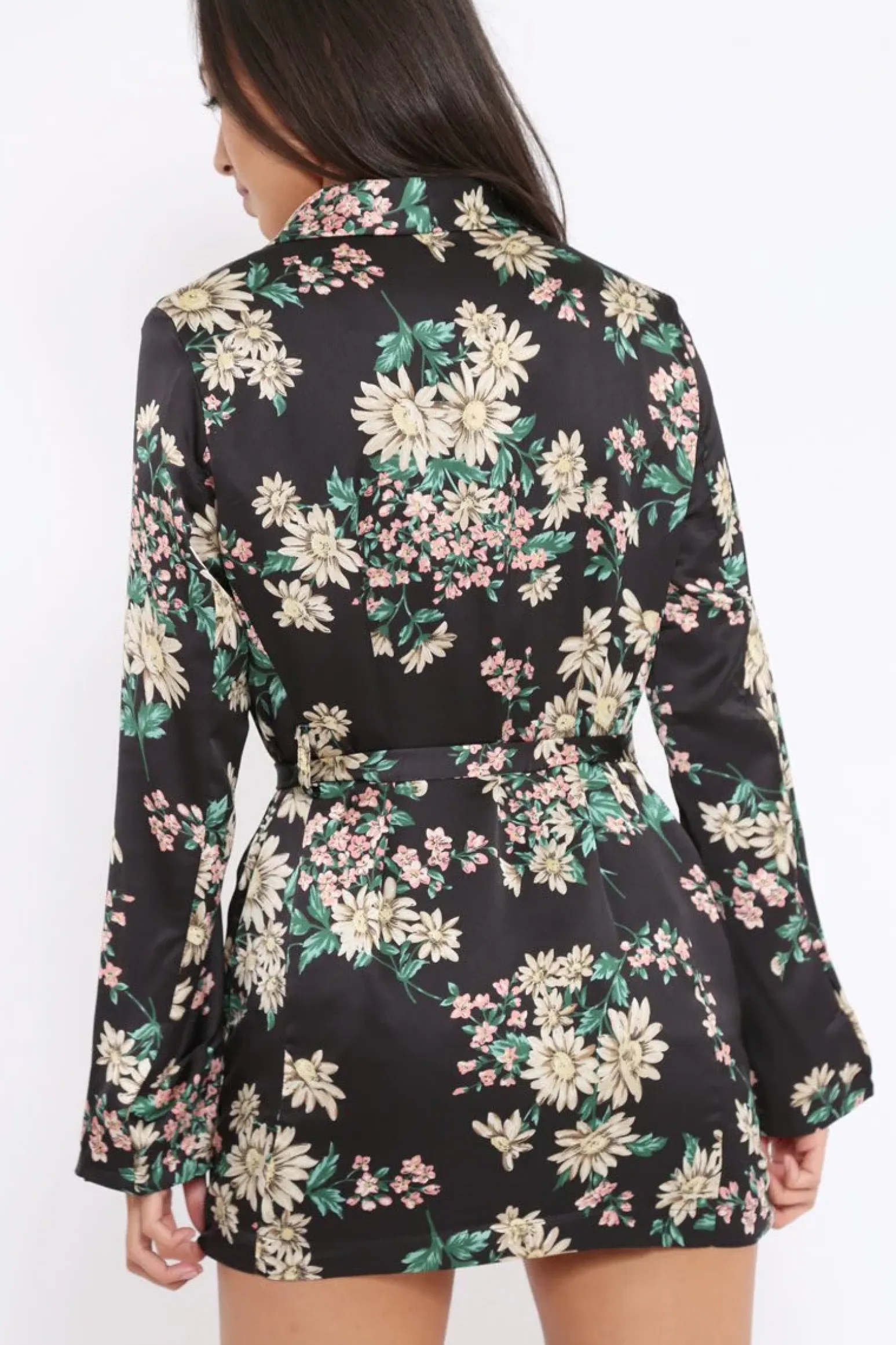 Rebellious Fashion Black Floral Satin Blazer Dress - Erica