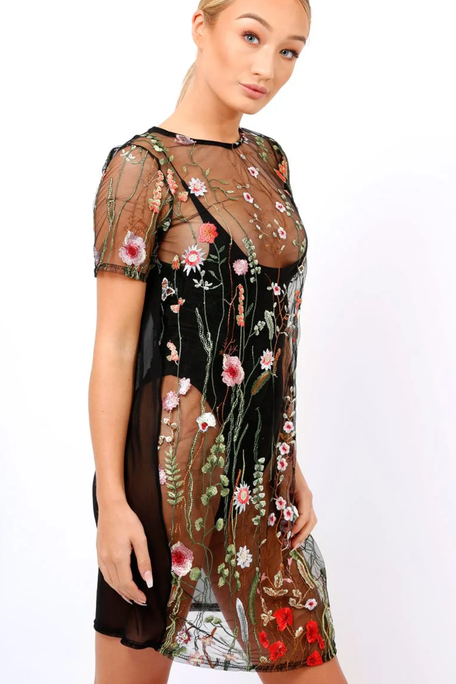 Rebellious Fashion Black Floral Sheer Shift Dress - Crystal