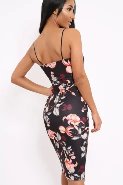 Rebellious Fashion Black Floral Wrap Front Bodycon Dress - Tiniqua