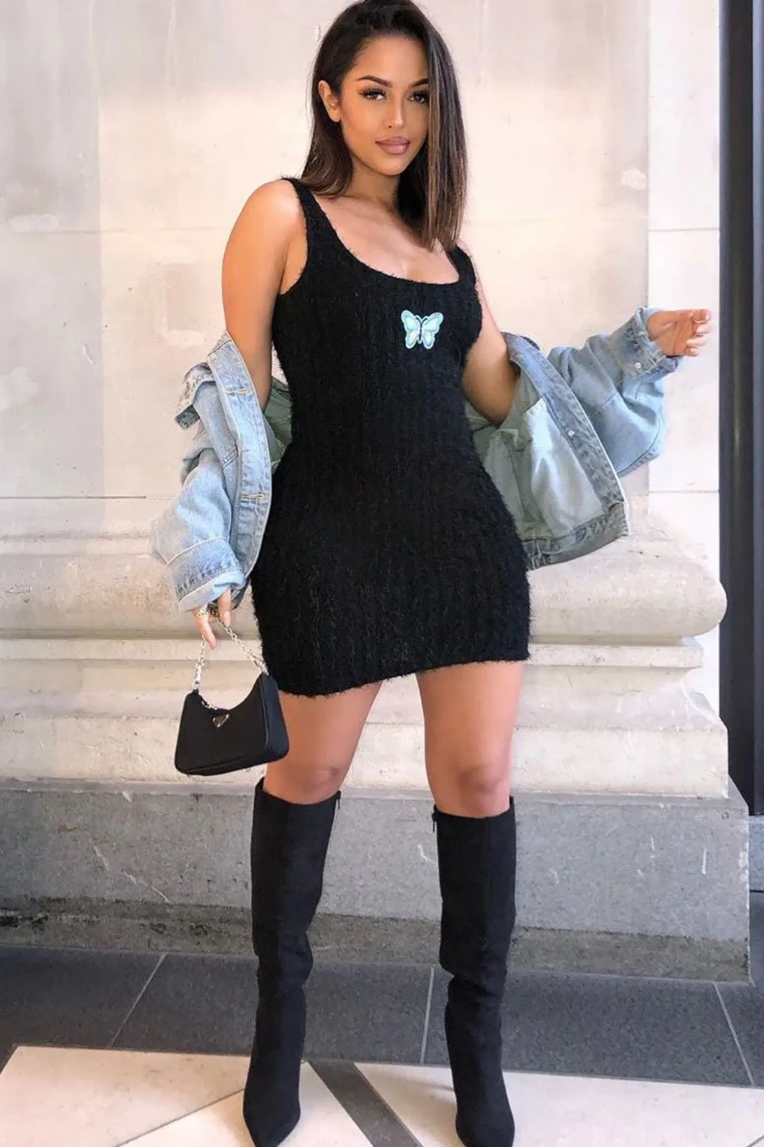 Rebellious Fashion Black Fluffy Yarn Butterfly Motif Mini Dress - Jamie