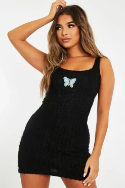 Rebellious Fashion Black Fluffy Yarn Butterfly Motif Mini Dress - Jamie