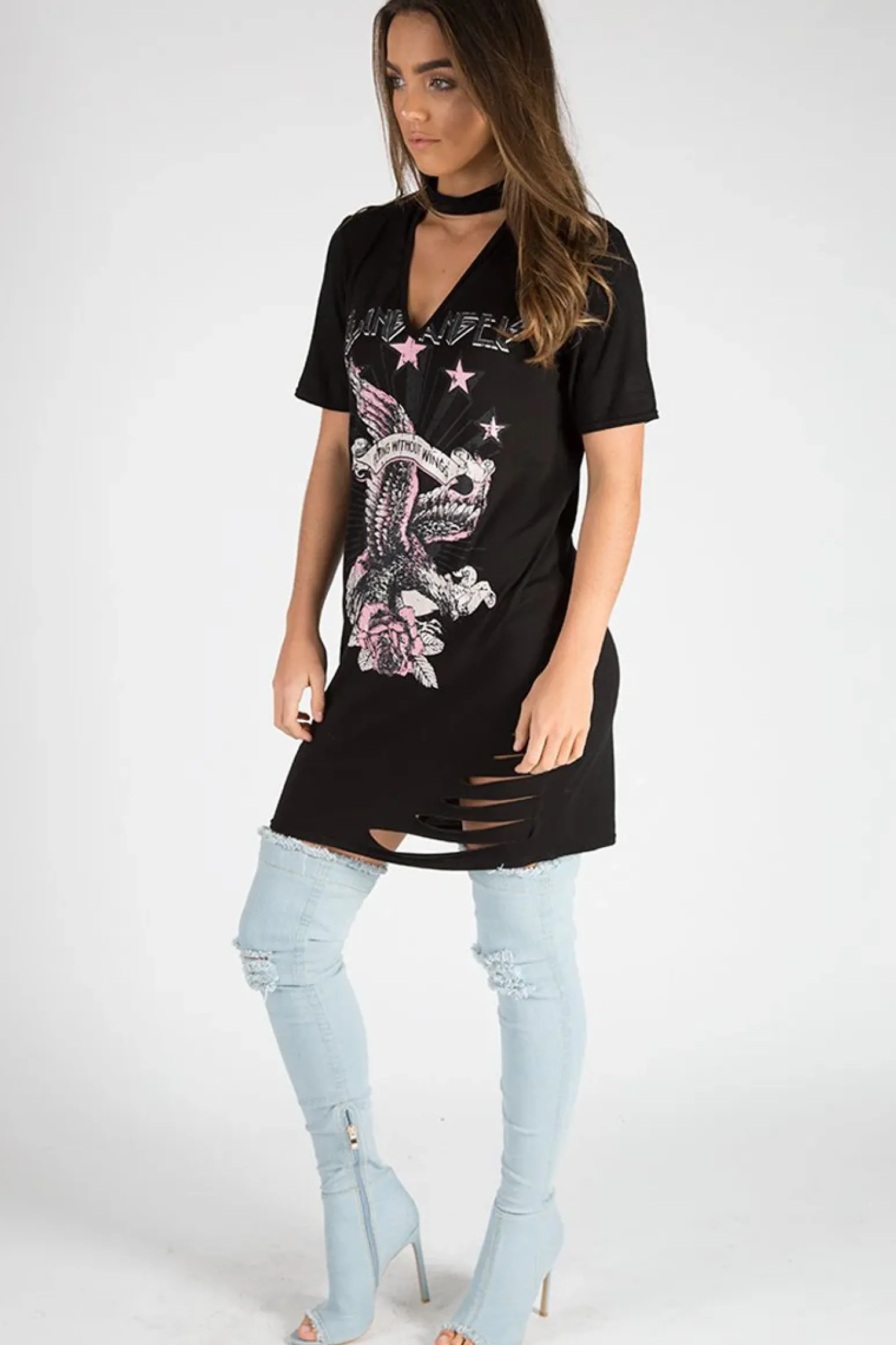 Rebellious Fashion Black Flying Angel Cut Out Distressed T Shirt Dress - Amber