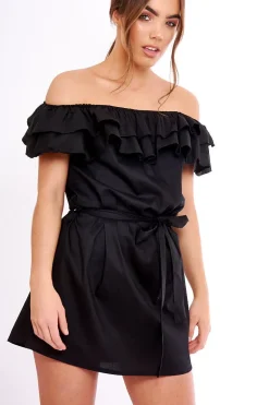 Rebellious Fashion Black Frill Bardot Tie Waist Shirt Dress - Ally