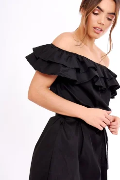 Rebellious Fashion Black Frill Bardot Tie Waist Shirt Dress - Ally