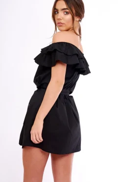 Rebellious Fashion Black Frill Bardot Tie Waist Shirt Dress - Ally