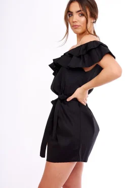 Rebellious Fashion Black Frill Bardot Tie Waist Shirt Dress - Ally