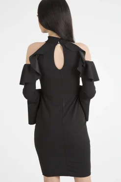 Rebellious Fashion Black Frill Detail Cold Shoulder Dress - Bonnie