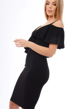 Rebellious Fashion Black Frill Detail Strappy Bodycon Midi Dress - Sallie