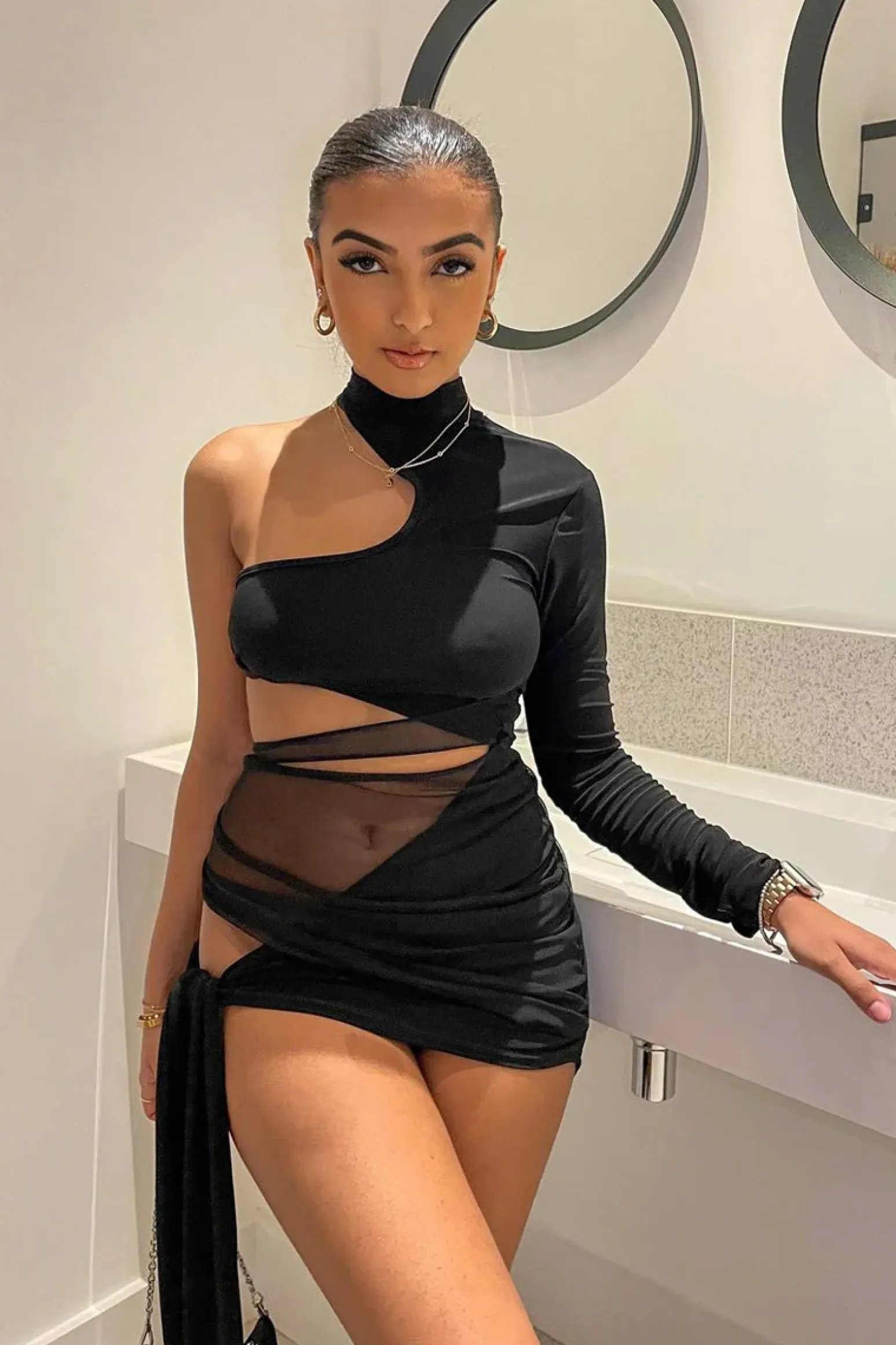 Rebellious Fashion Black Gathered Mesh Panel Cut Out Mini Dress - Bevie