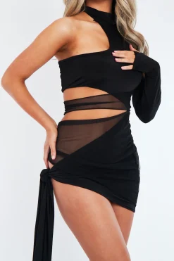 Rebellious Fashion Black Gathered Mesh Panel Cut Out Mini Dress - Bevie