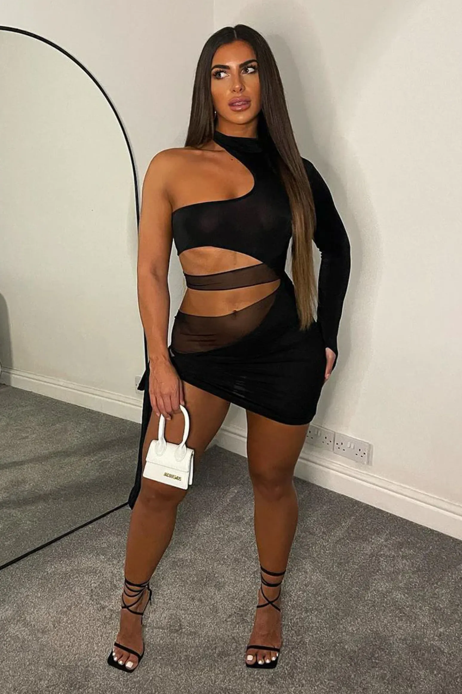 Rebellious Fashion Black Gathered Mesh Panel Cut Out Mini Dress - Bevie