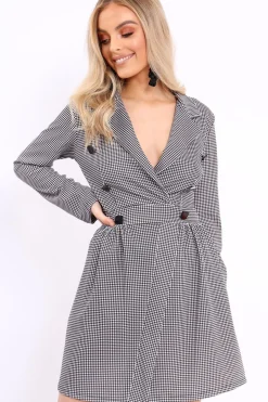 Rebellious Fashion Black Gingham Print Button Detail Blazer Dress - Nora