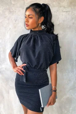 Rebellious Fashion Black Glitter Batwing Sleeve Belted Dress - Florene