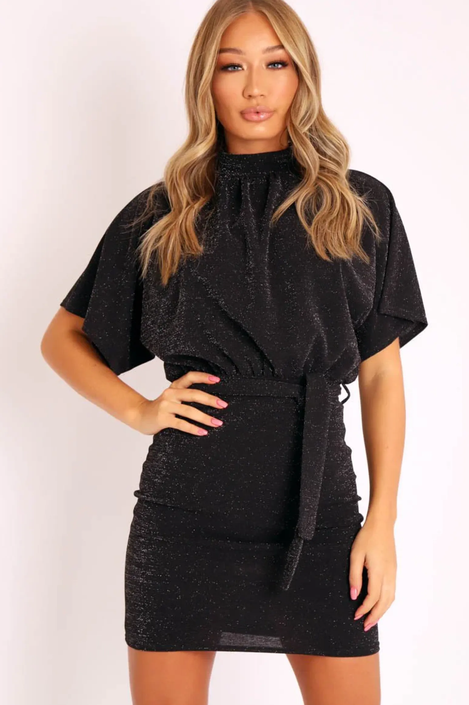 Rebellious Fashion Black Glitter Batwing Sleeve Belted Dress - Florene