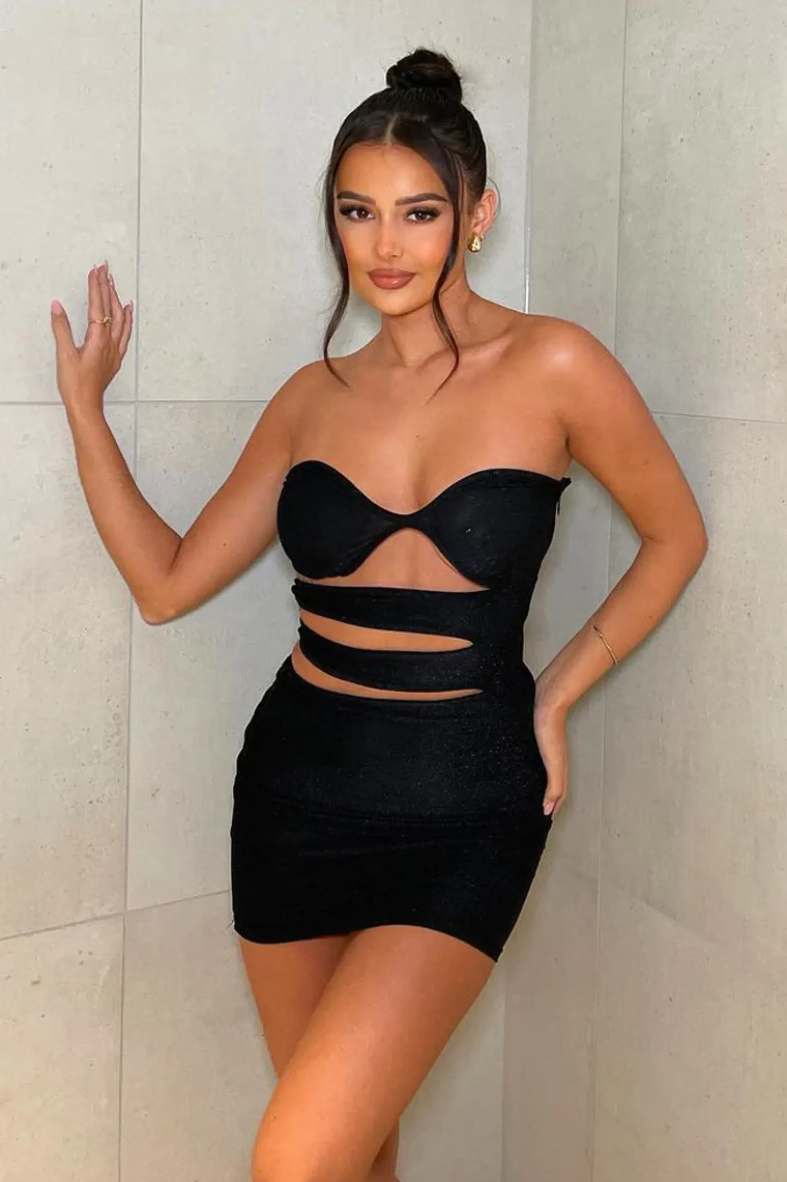 Rebellious Fashion Black Glitter Metallic Cut Out Bandeau Mini Dress - Julia