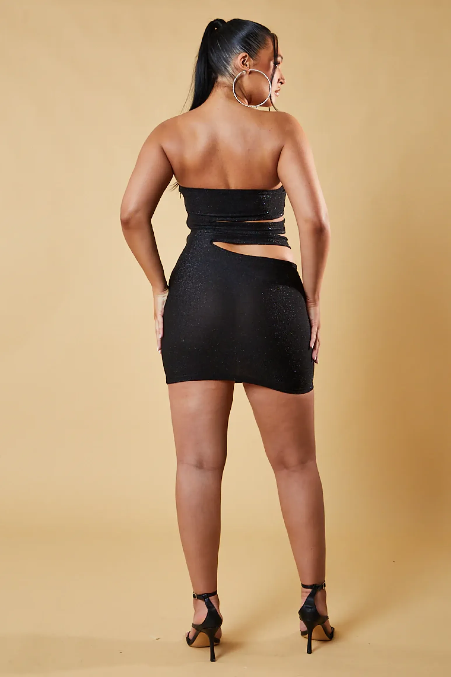 Rebellious Fashion Black Glitter Metallic Cut Out Bandeau Mini Dress - Julia